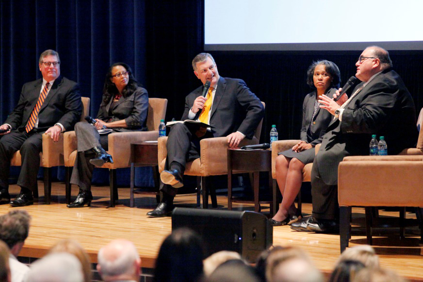 Panelists Mike Casey, Michelle Singletary, Mayor Mike Rawlings, Susan McElroy and John Martinez Photo credit: The Dallas Morning News