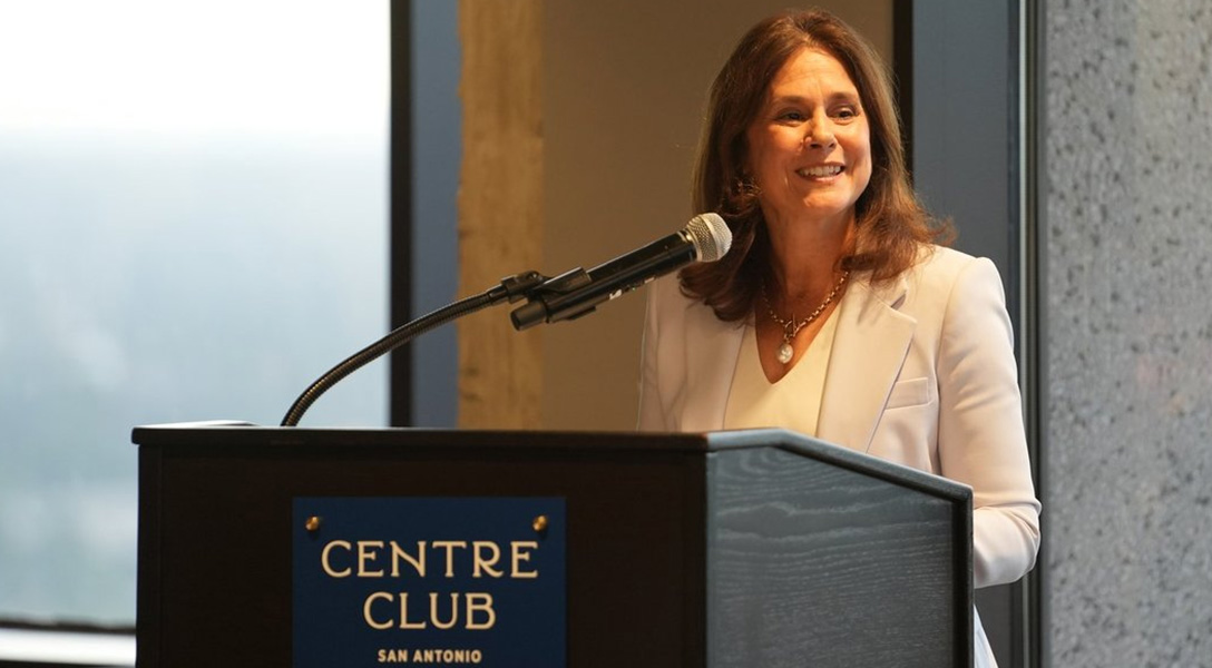 President Logan delivers opening remarks at an event hosted by the World Affairs Council of San Antonio.
