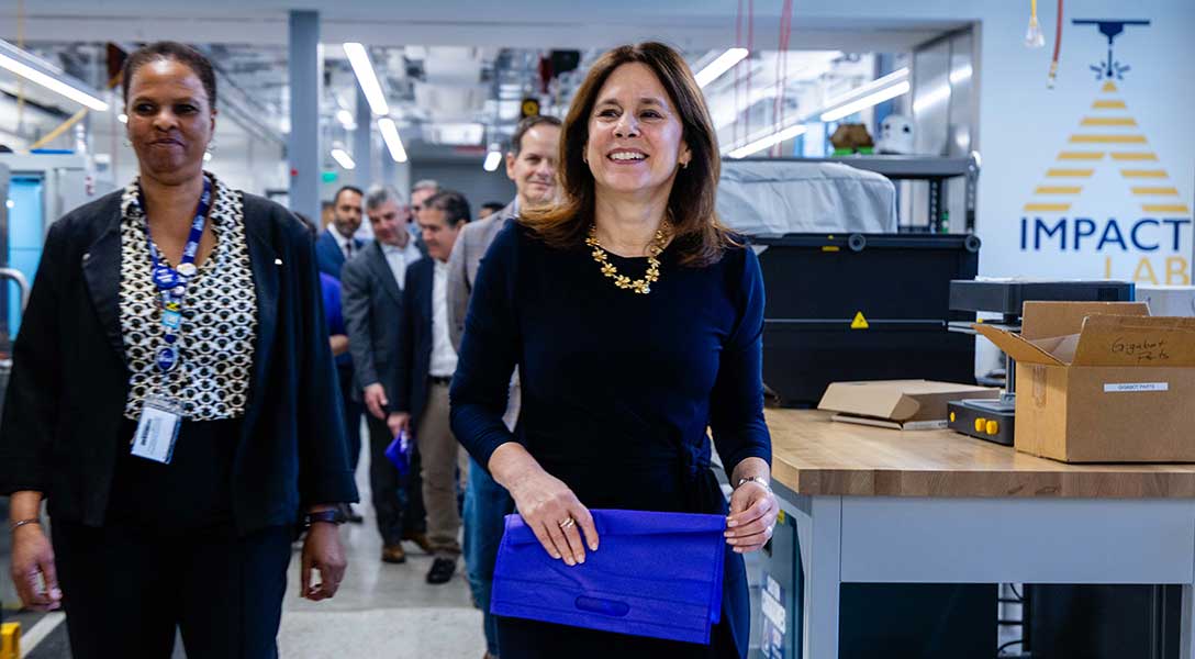 Dallas Fed President Lorie Logan tours the Innovative Manufacturing Partnerships Accelerating Central Texas (IMPACT) Lab at Austin Community College.