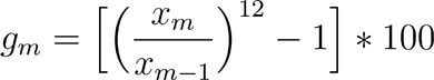 g sub m equals the product of the ratio of x sub m and x sub m minus 1, raised to the 12th power, minus one and 100