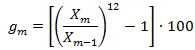 g sub m equals the product of the ratio of x sub m and x sub m minus 1, raised to the 12th power, minus one and 100