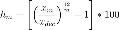 h sub m equals the product of the ratio of x sub m and x sub December, raised to the ratio of the 12th power and m, minus one and 100