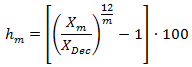 h sub m equals the product of the ratio of x sub m and x sub December, raised to the ratio of the 12th power and m, minus one and 100
