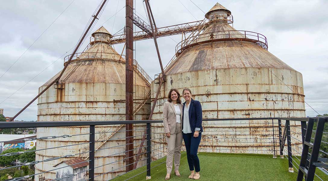President Logan and Dallas Fed Senior Economist Emily Kerr take in the view from Magnolia Market’s rooftop deck during a visit to The Silos at Magnolia, part of the Fixer Upper empire that has helped drive Waco’s recent growth.