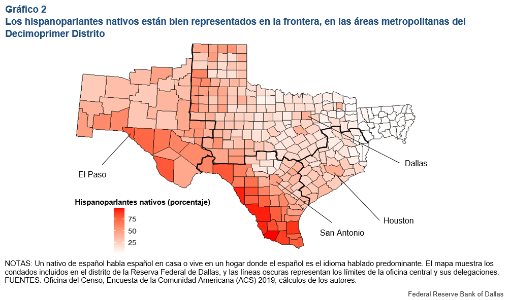 Chart 2: Native Spanish Speakers Well Represented Along Border, Metro Areas in the Eleventh District